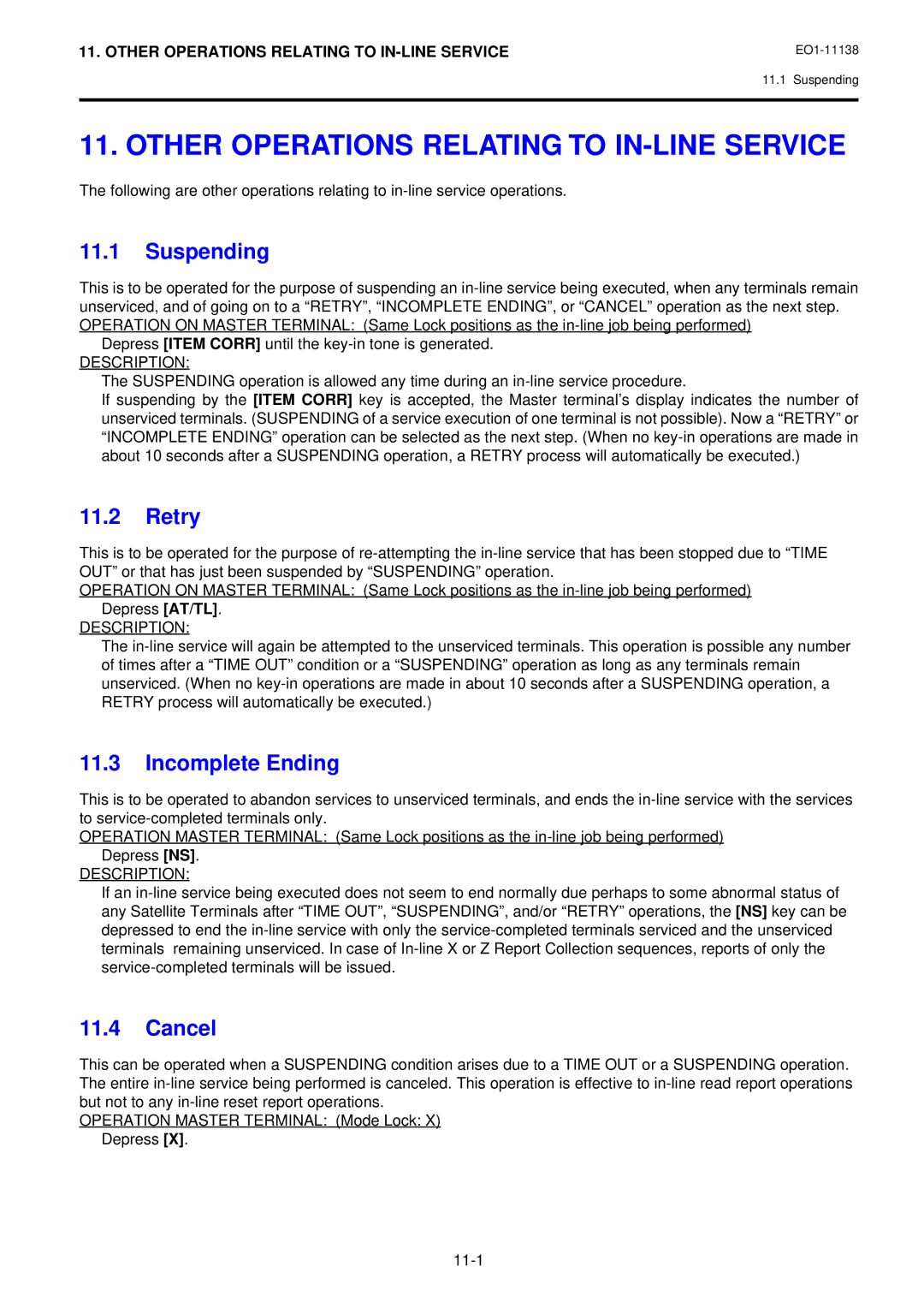 Toshiba Electronic Cash Register Other Operations Relating to IN-LINE Service, Suspending, Retry, Incomplete Ending 