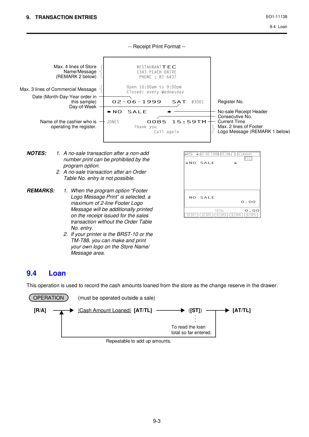 Toshiba Electronic Cash Register Receipt Print Format, Must be operated outside a sale Cash Amount Loaned AT/TL, At/Tl 