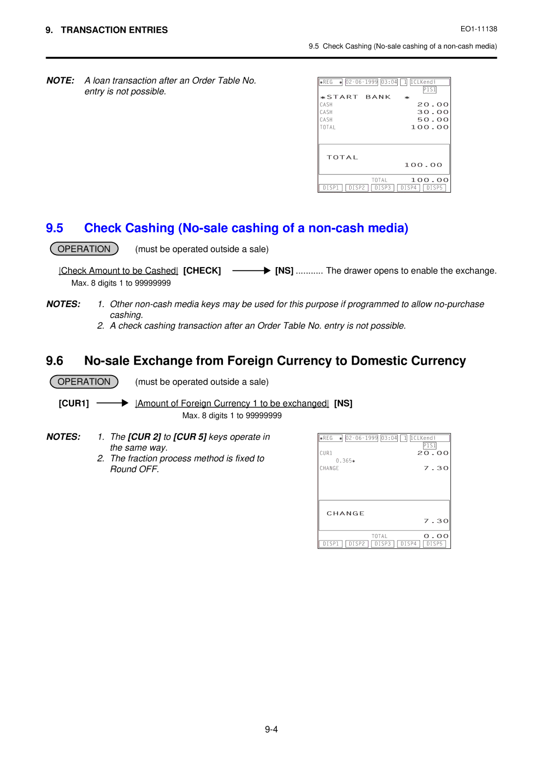 Toshiba FS-2600-1 SERIES Check Cashing No-sale cashing of a non-cash media, Fraction process method is fixed to Round OFF 