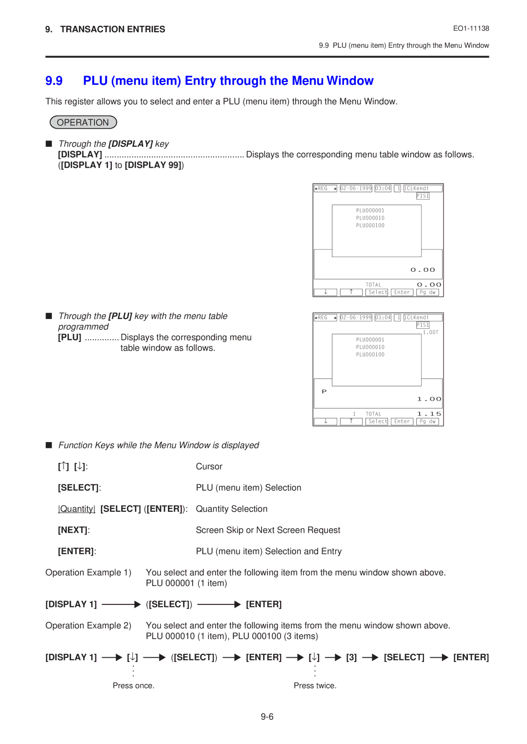 Toshiba FS-2600-1 SERIES PLU menu item Entry through the Menu Window, Display 1 Select Enter, Display Select Enter 