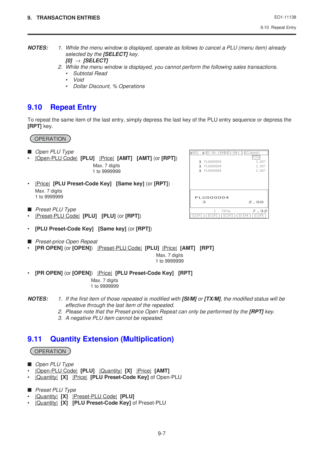 Toshiba Electronic Cash Register Open-PLU Code PLU Price AMT AMT or RPT, Price PLU Preset-Code Key Same key or RPT 