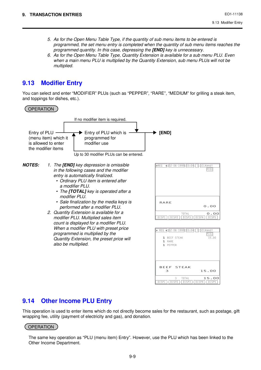 Toshiba Electronic Cash Register, FS-2600-1 SERIES owner manual Modifier Entry, Other Income PLU Entry 