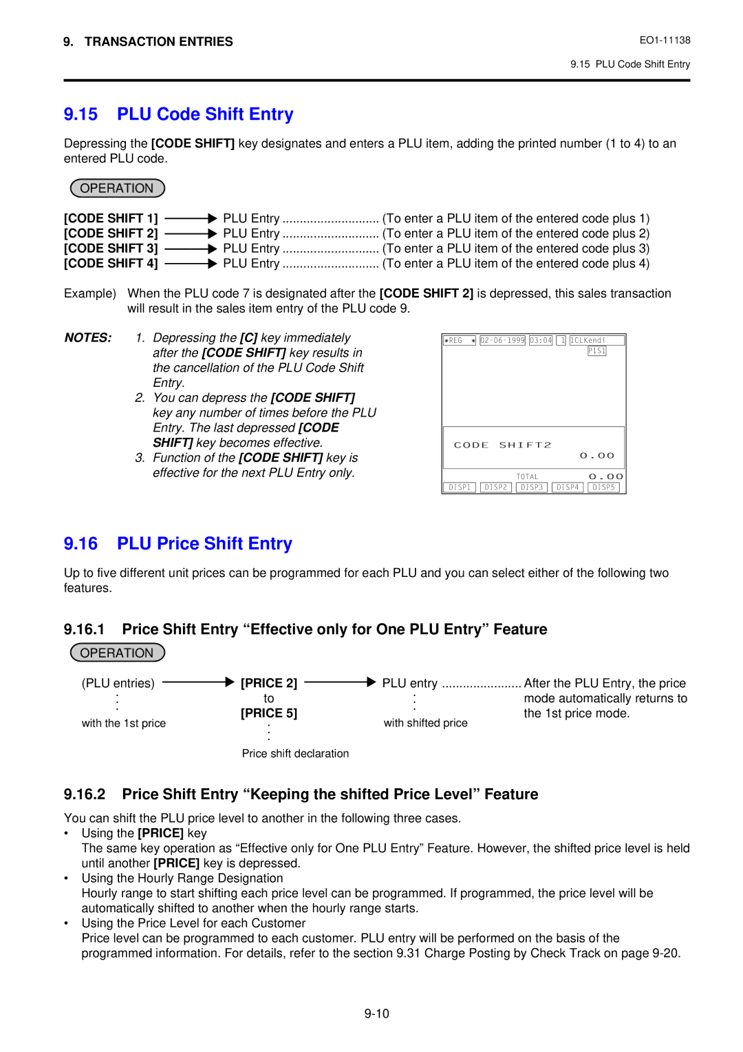 Toshiba FS-2600-1 SERIES, Electronic Cash Register owner manual PLU Code Shift Entry, PLU Price Shift Entry 