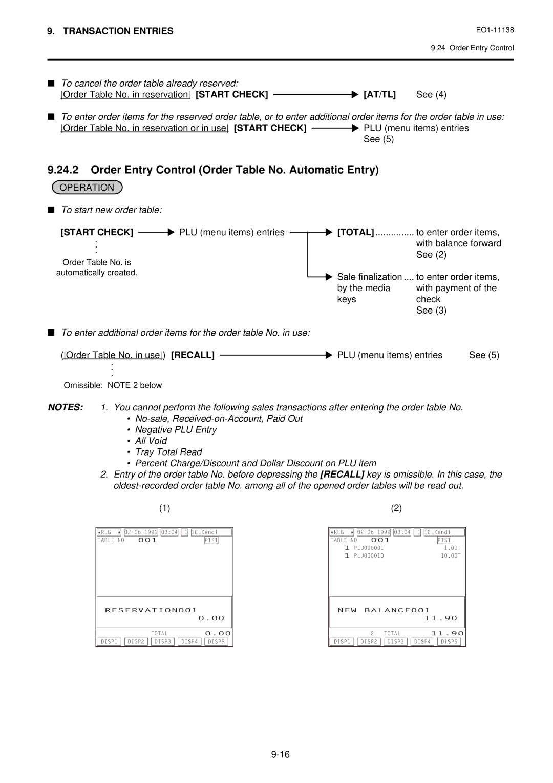 Toshiba FS-2600-1 SERIES Order Entry Control Order Table No. Automatic Entry, To cancel the order table already reserved 