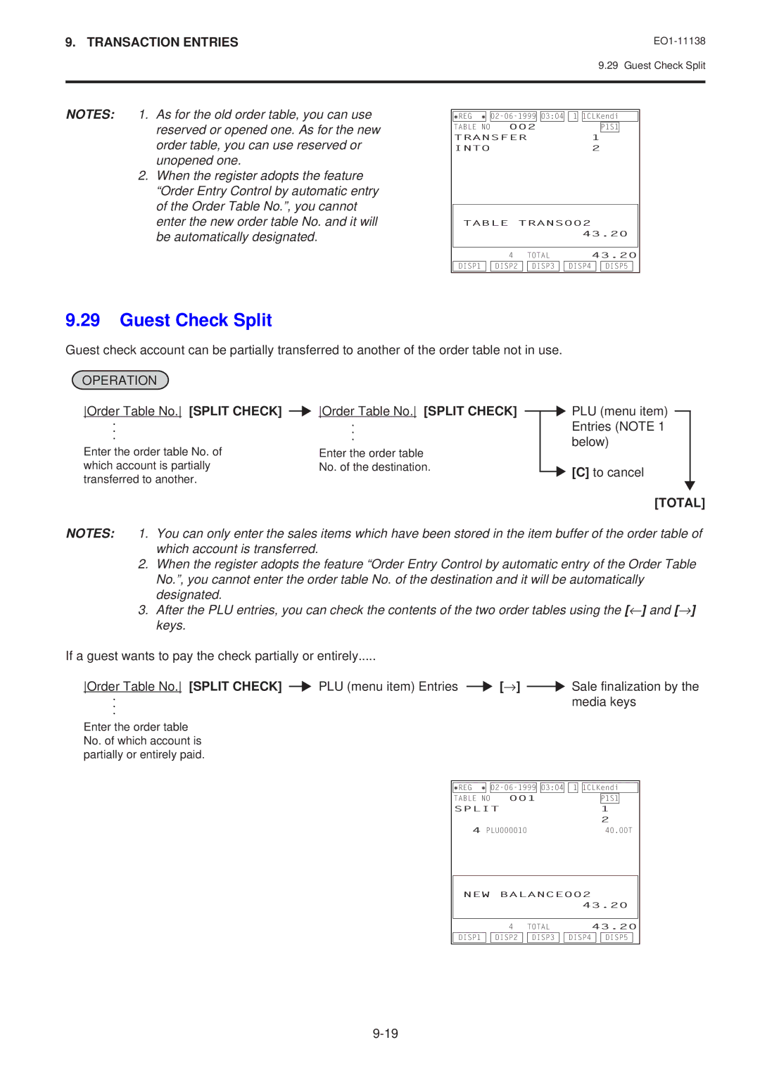 Toshiba Electronic Cash Register Guest Check Split, Order Table No. Split Check PLU menu item Entries Note Below 