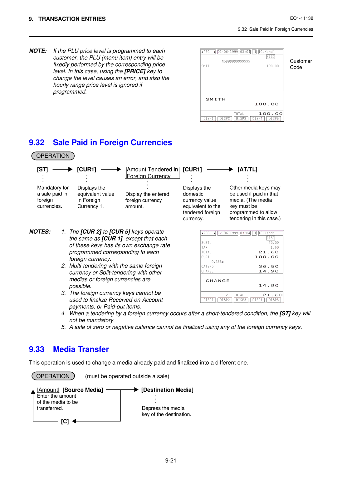 Toshiba Electronic Cash Register owner manual Sale Paid in Foreign Currencies, Media Transfer, CUR1, Amount Source Media 