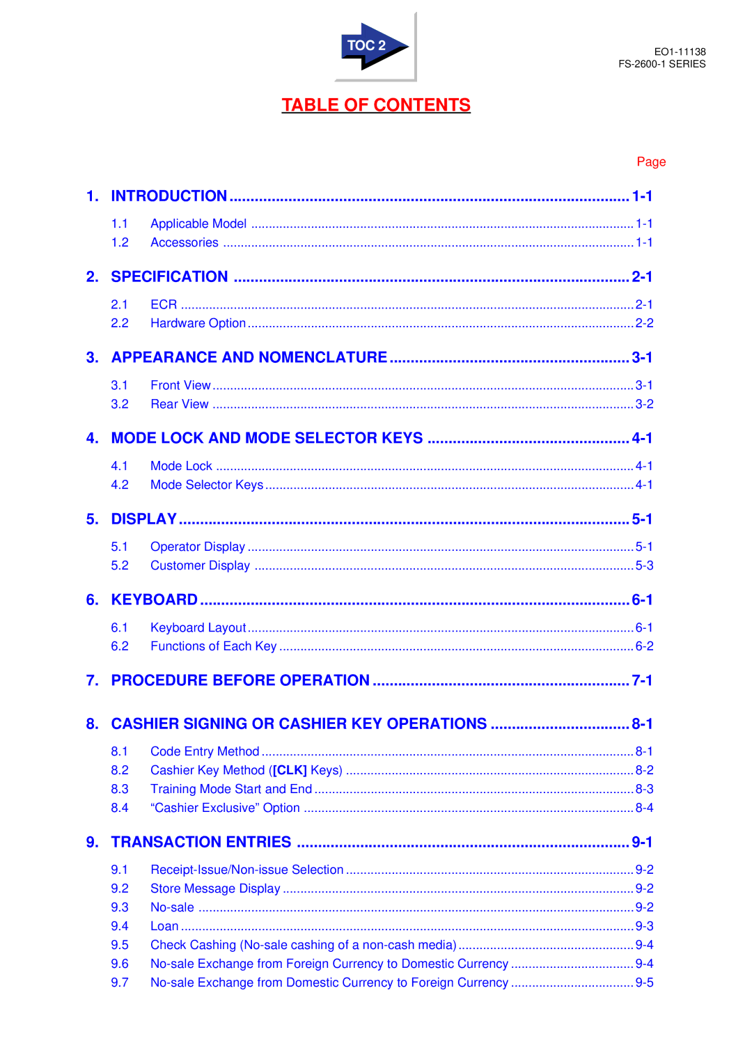 Toshiba Electronic Cash Register, FS-2600-1 SERIES owner manual Table of Contents 