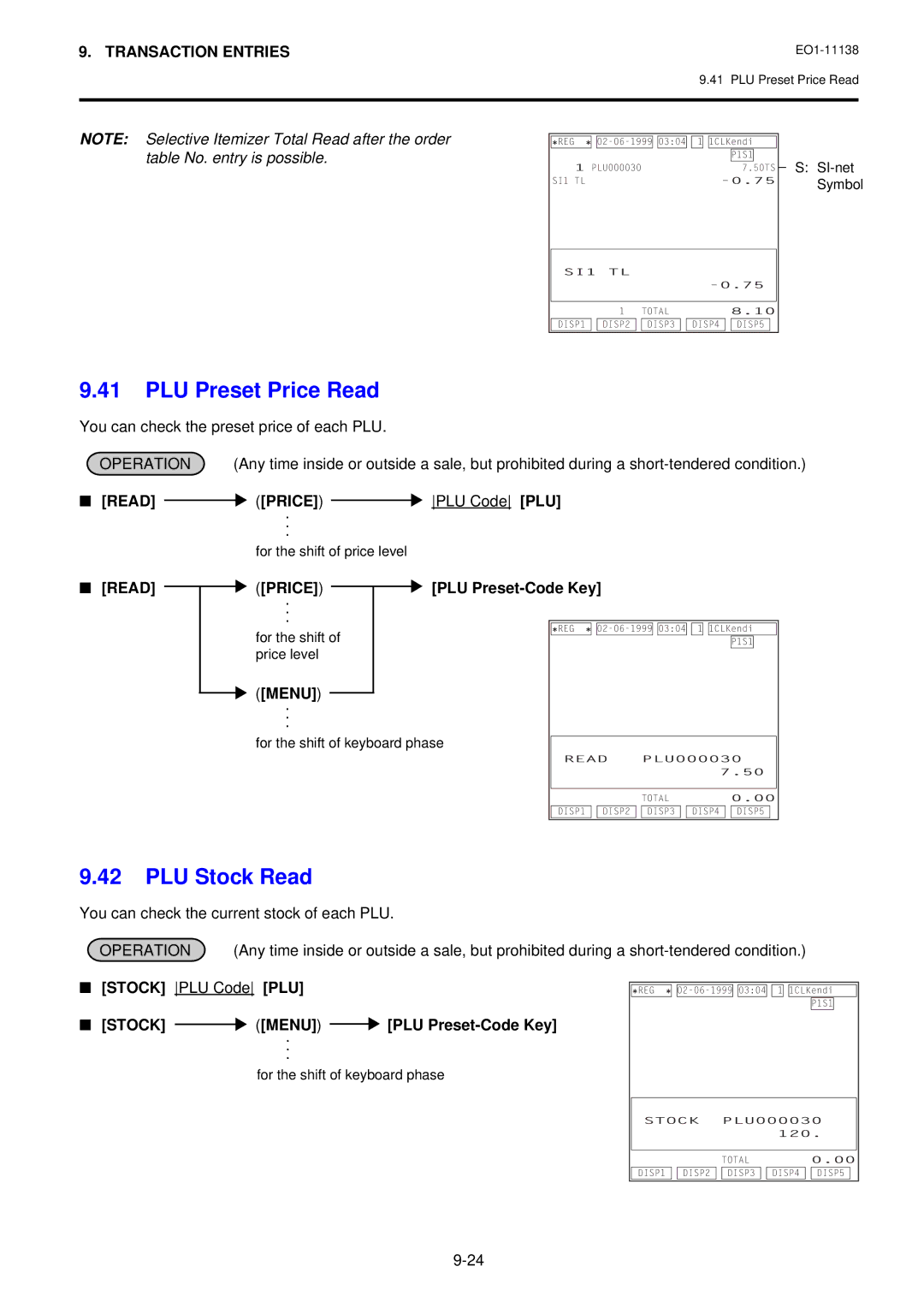 Toshiba FS-2600-1 SERIES, Electronic Cash Register owner manual PLU Preset Price Read, PLU Stock Read 