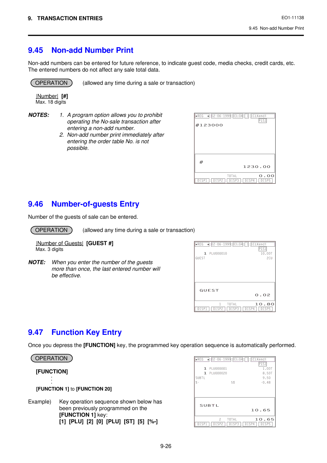 Toshiba FS-2600-1 SERIES owner manual Non-add Number Print, Number-of-guests Entry, Function Key Entry, PLU 2 0 PLU ST 5 % 