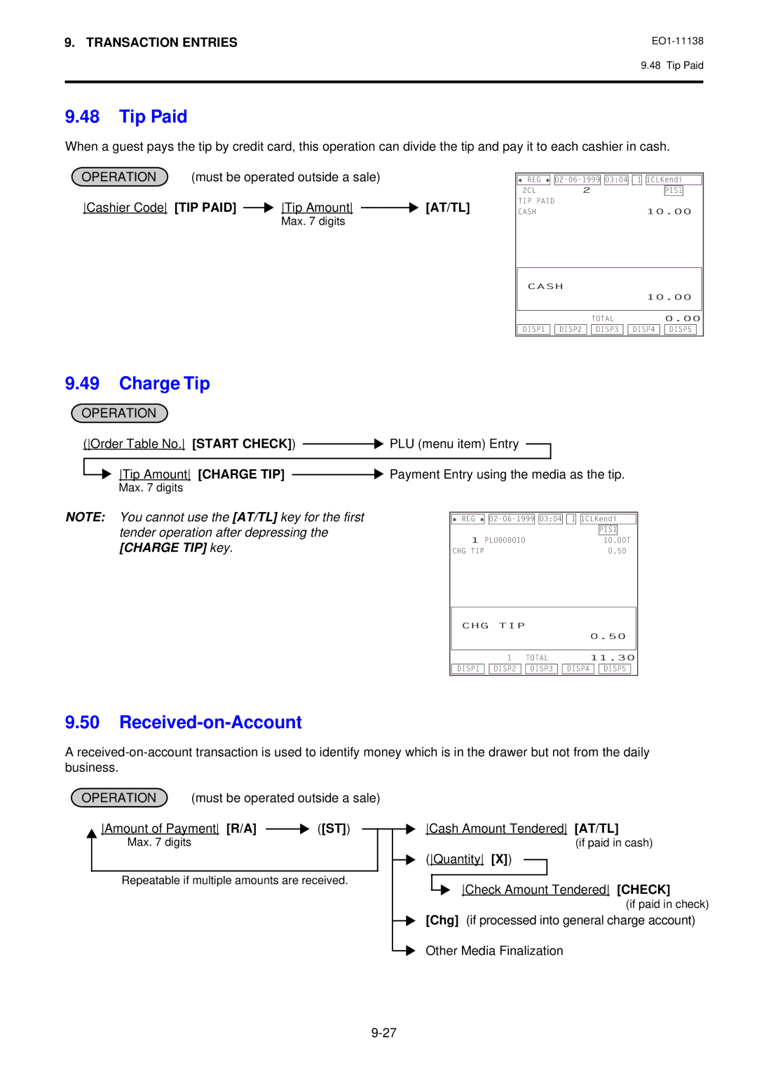 Toshiba Electronic Cash Register owner manual Tip Paid, Charge Tip, Received-on-Account, Tender operation after depressing 