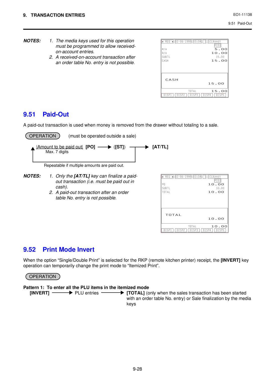 Toshiba FS-2600-1 SERIES, Electronic Cash Register owner manual Paid-Out, Print Mode Invert, Amount to be paid out PO ST 