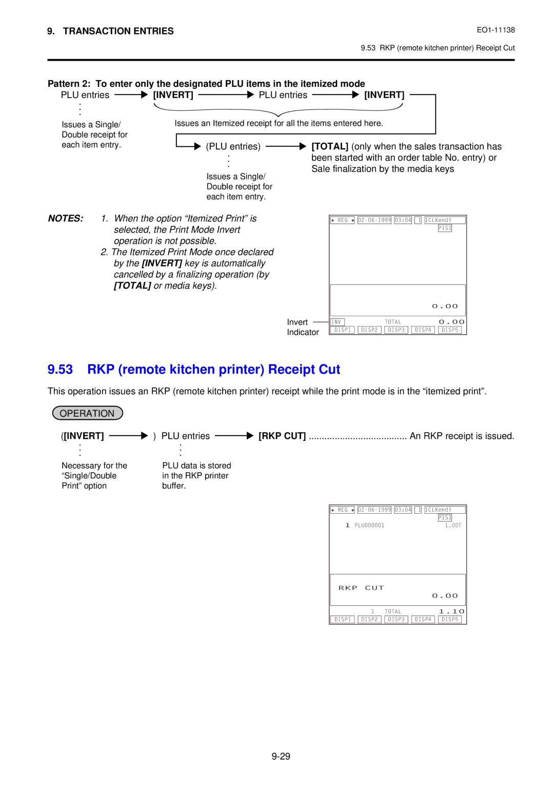 Toshiba Electronic Cash Register RKP remote kitchen printer Receipt Cut, PLU entries Invert PLU entries Invert, Rkp Cut 