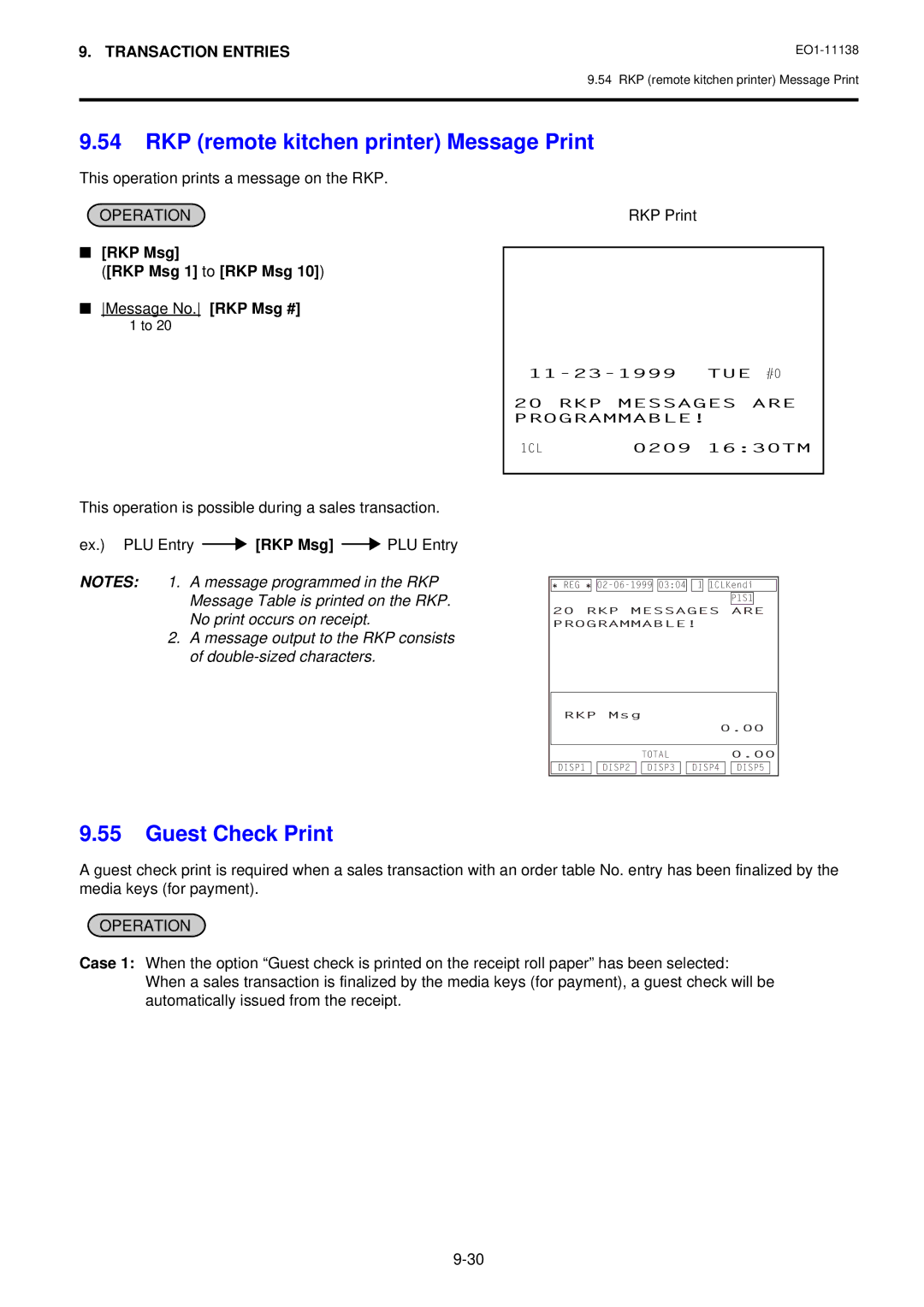 Toshiba FS-2600-1 SERIES RKP remote kitchen printer Message Print, Guest Check Print, RKP Msg RKP Msg 1 to RKP Msg 