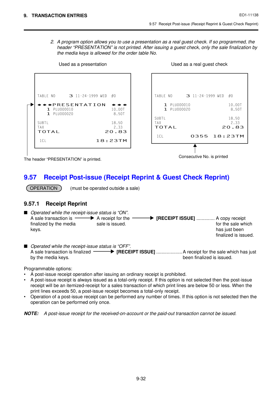 Toshiba FS-2600-1 SERIES, Electronic Cash Register owner manual Receipt Post-issue Receipt Reprint & Guest Check Reprint 