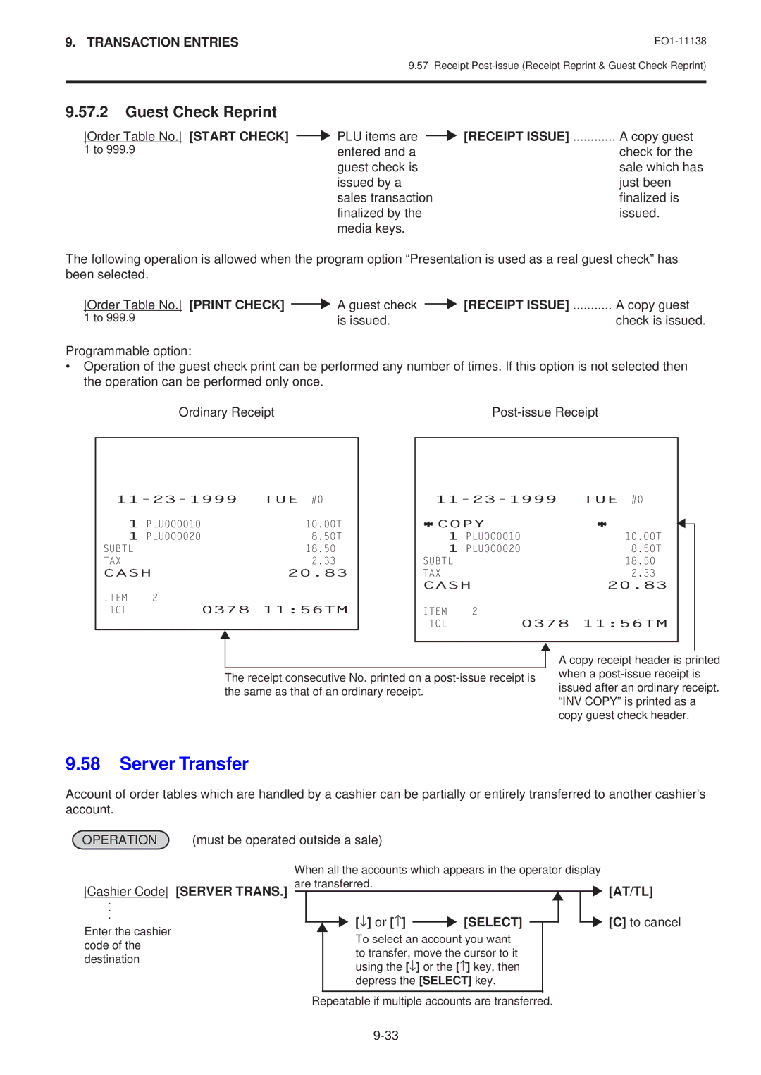 Toshiba Electronic Cash Register, FS-2600-1 SERIES owner manual Server Transfer, Guest Check Reprint, Receipt Issue 