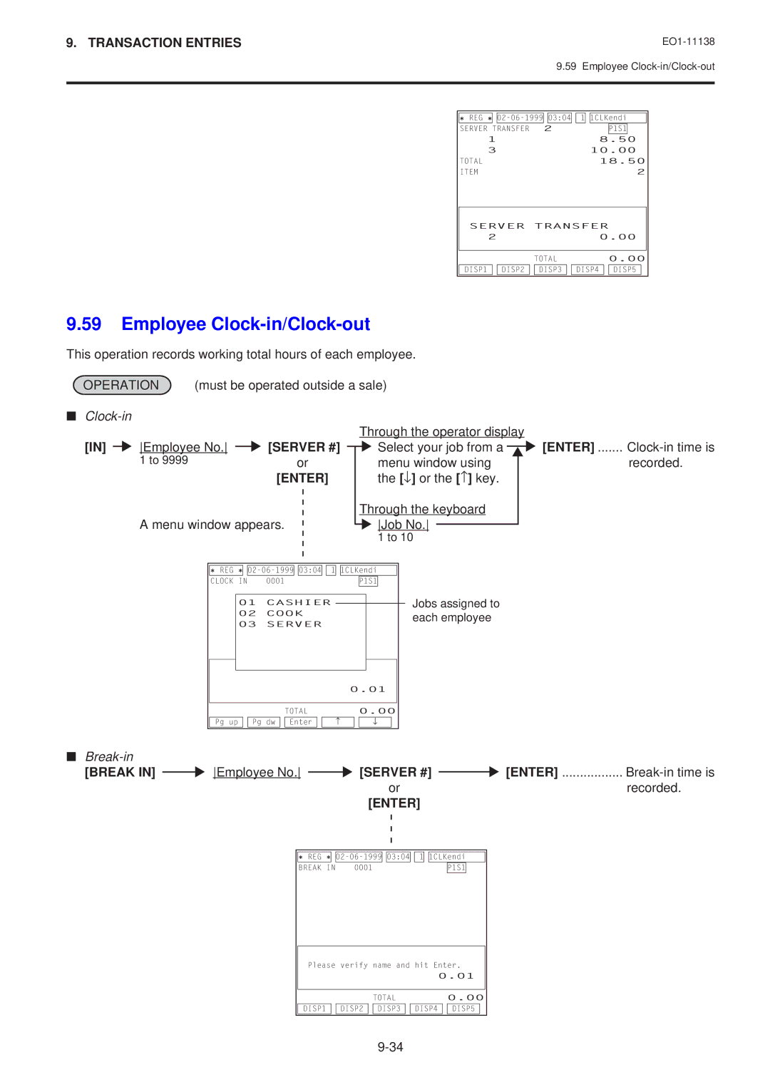 Toshiba FS-2600-1 SERIES Employee Clock-in/Clock-out, This operation records working total hours of each employee 