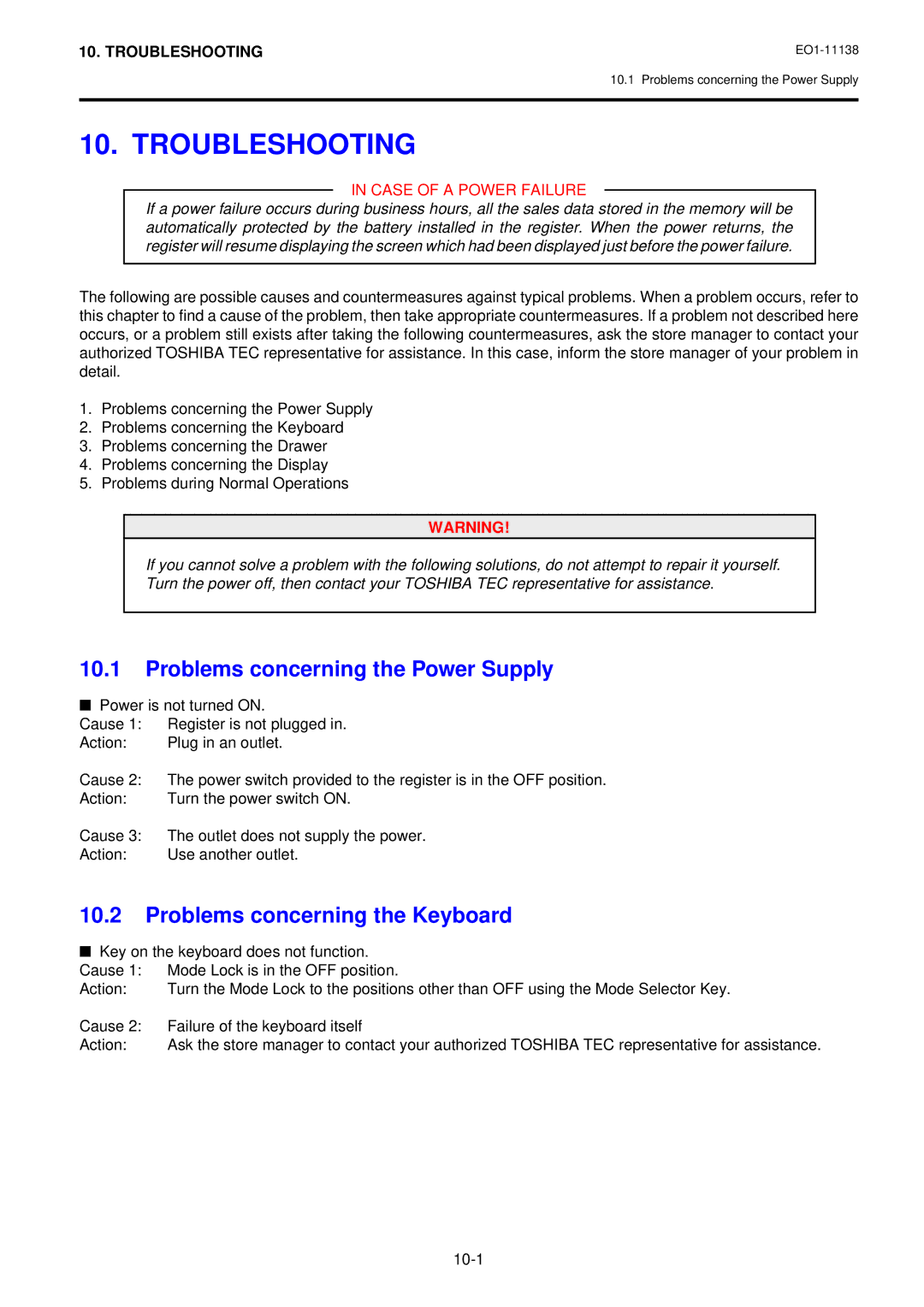 Toshiba FS-2600-1 SERIES Troubleshooting, Problems concerning the Power Supply, Problems concerning the Keyboard 