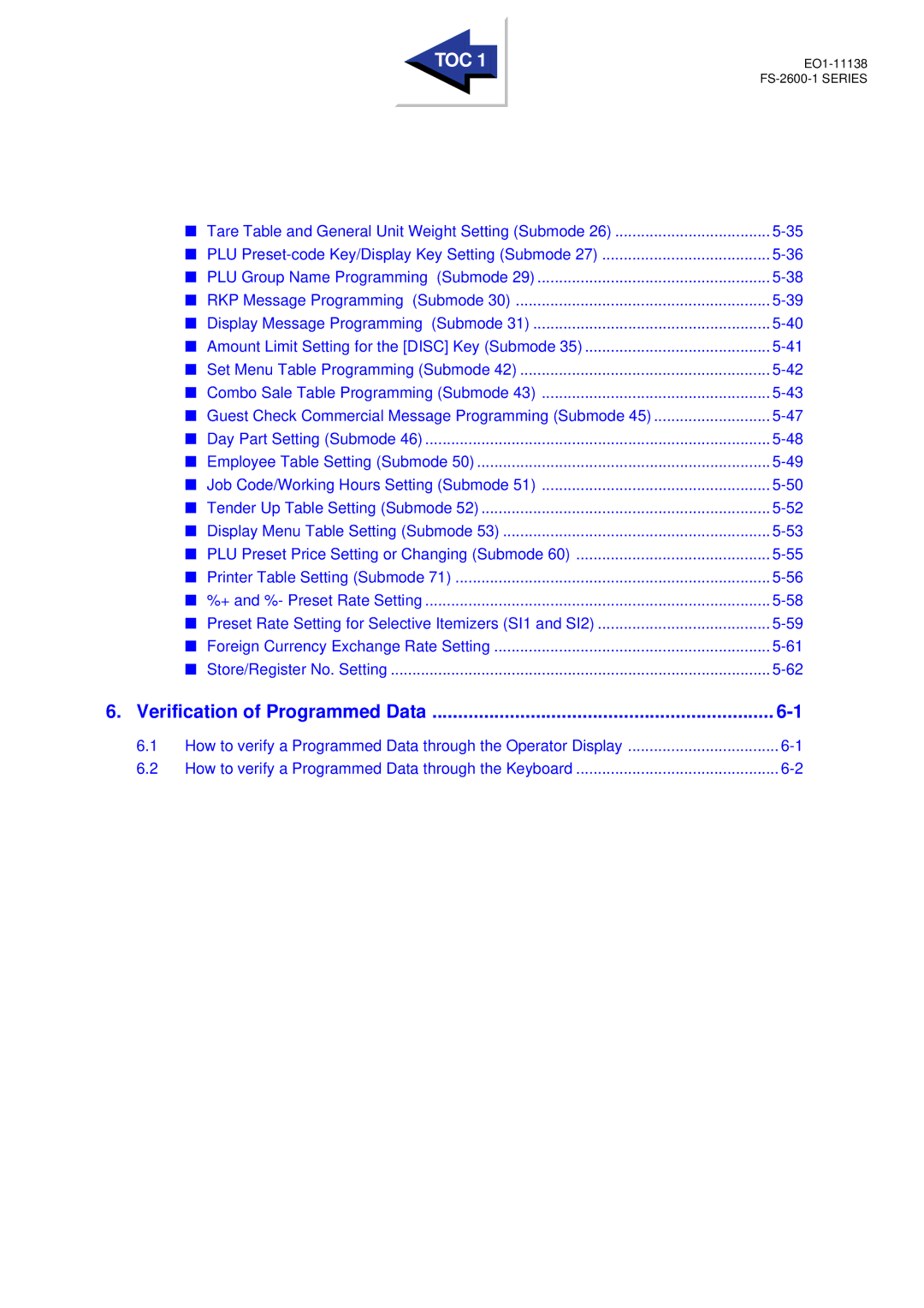 Toshiba FS-2600-1 SERIES, Electronic Cash Register owner manual Verification of Programmed Data 