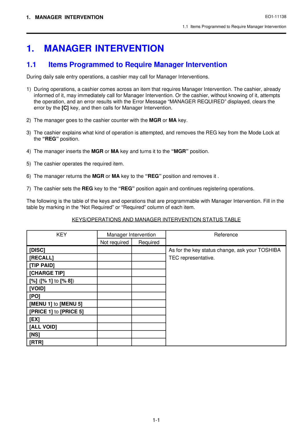 Toshiba Electronic Cash Register, FS-2600-1 SERIES owner manual Items Programmed to Require Manager Intervention 