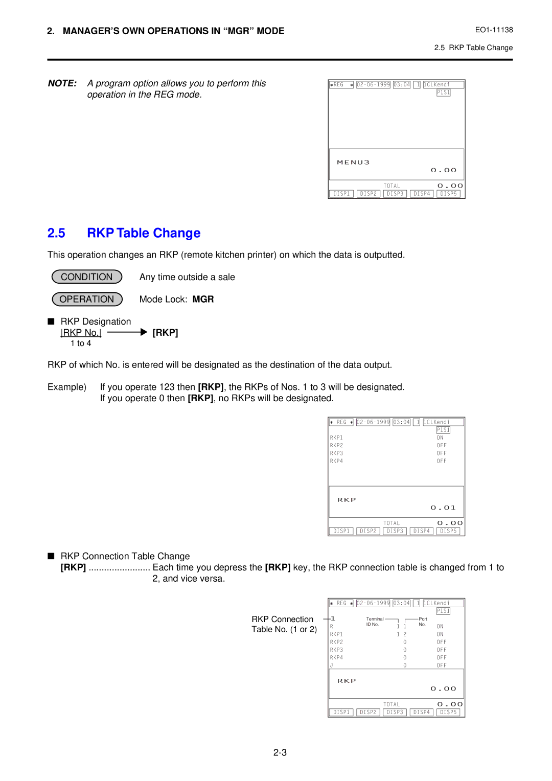 Toshiba FS-2600-1 SERIES owner manual RKP Table Change, Any time outside a sale, Mode Lock MGR RKP Designation RKP No, Rkp 