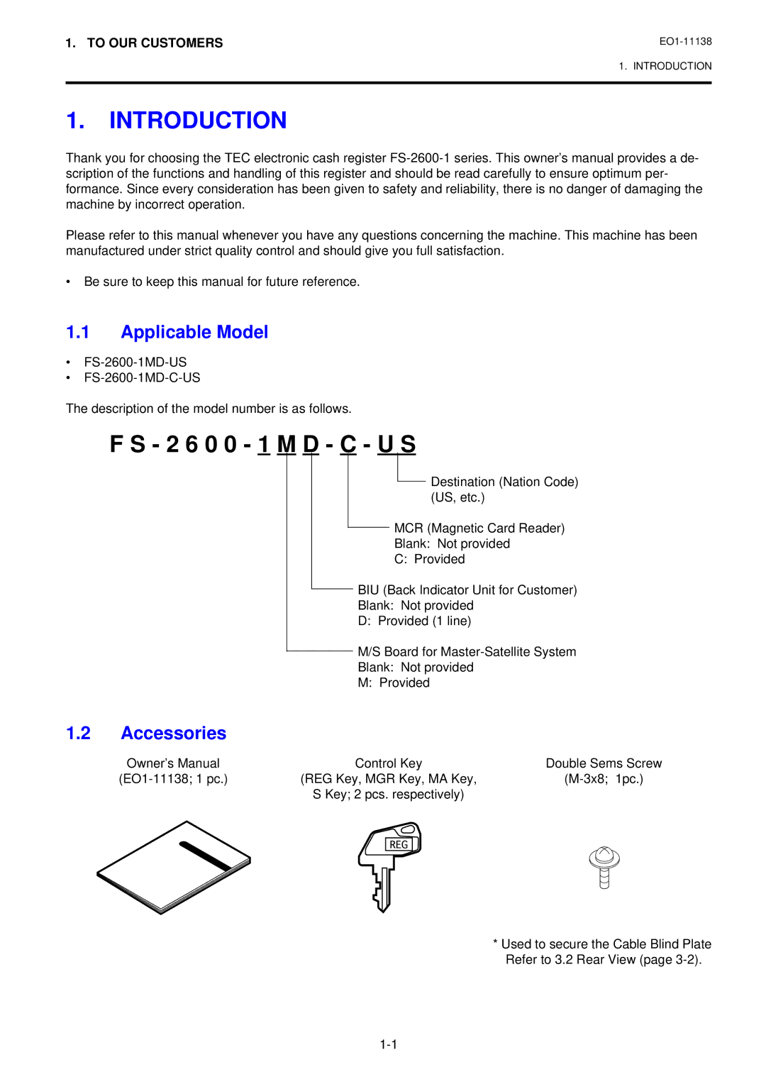 Toshiba Electronic Cash Register, FS-2600-1 SERIES owner manual Introduction, Applicable Model, To OUR Customers 