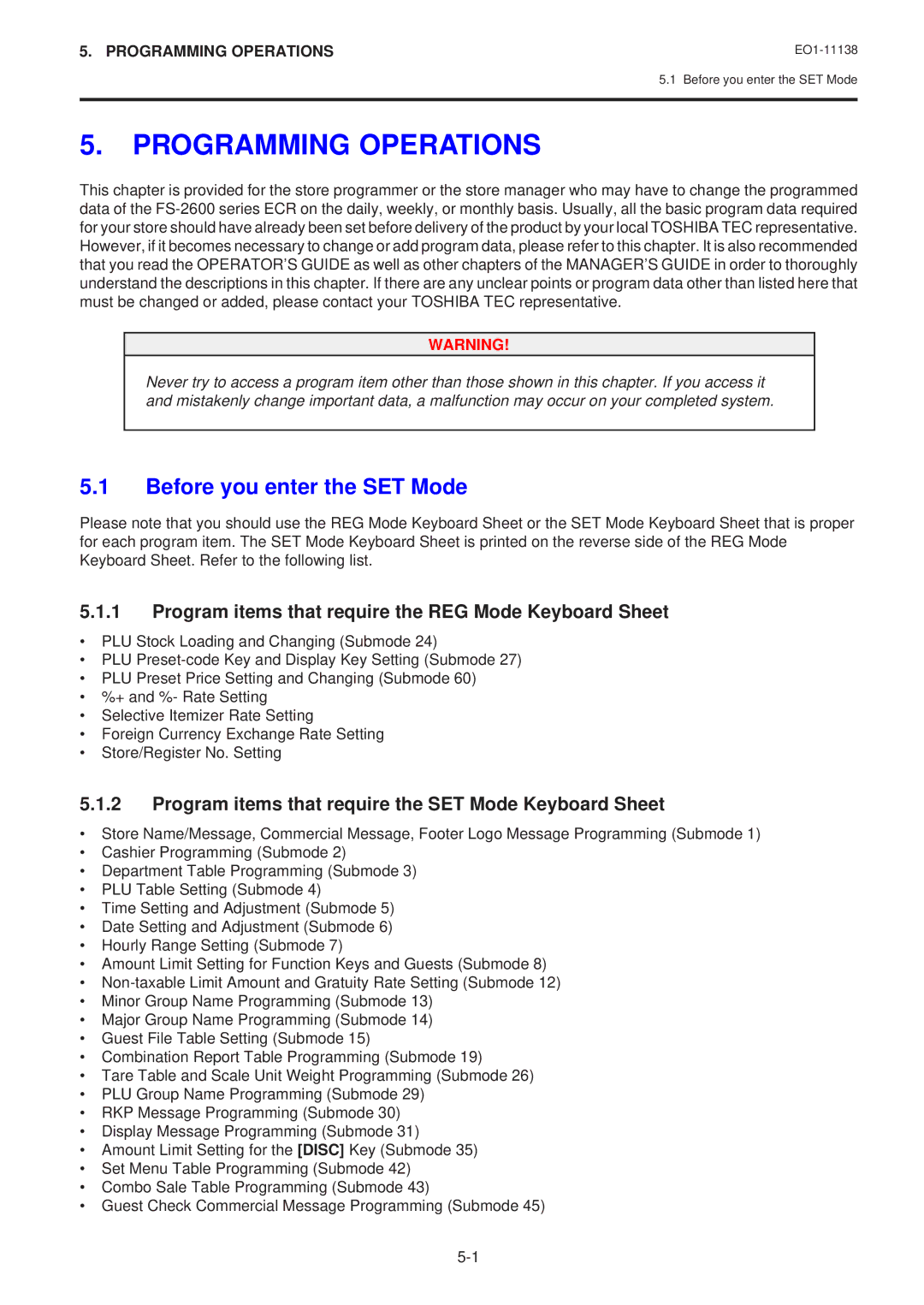 Toshiba FS-2600-1 owner manual Programming Operations, Before you enter the SET Mode 