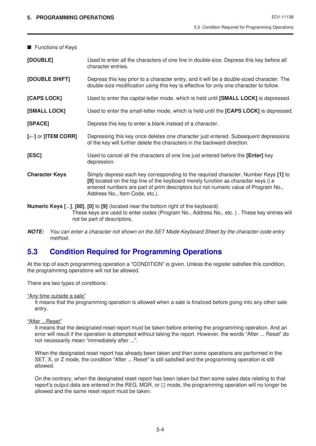 Toshiba FS-2600-1 owner manual Condition Required for Programming Operations 