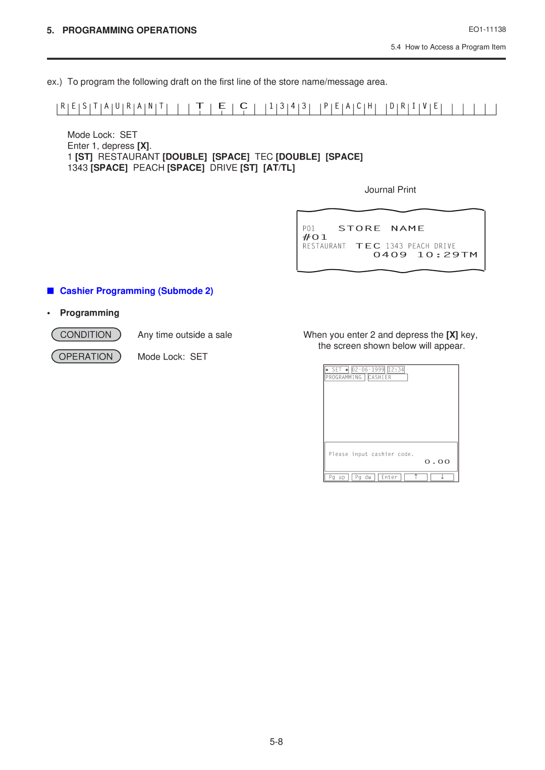 Toshiba FS-2600-1 Mode Lock SET Enter 1, depress, Journal Print, Cashier Programming Submode, P01 Store Name #01 