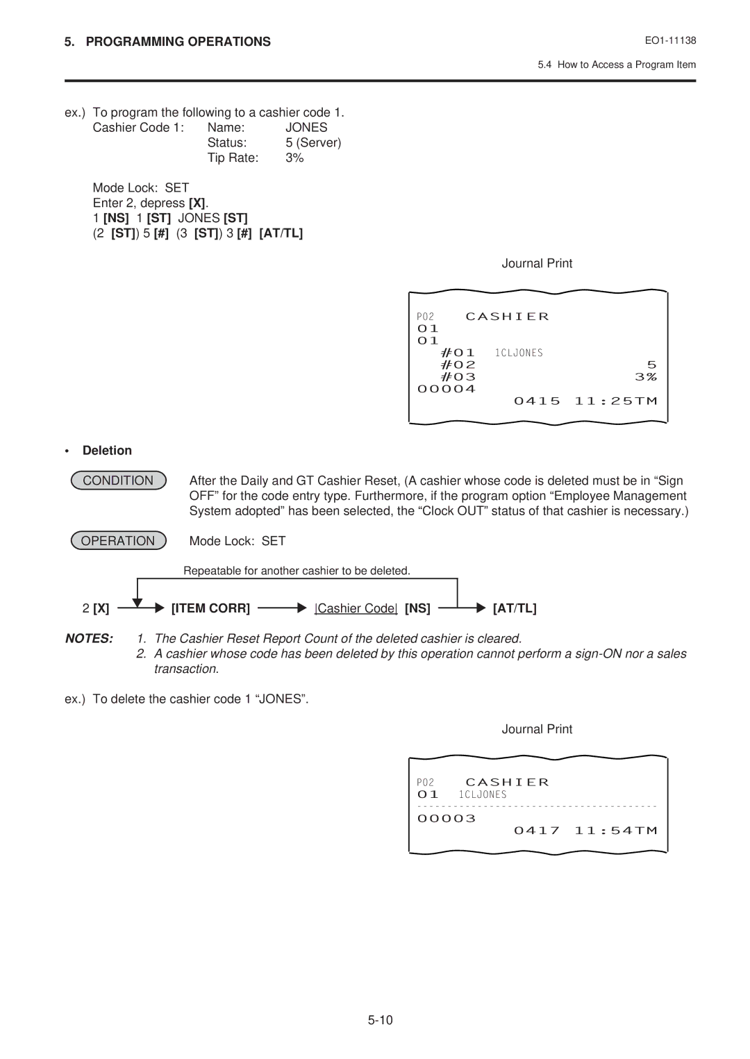 Toshiba FS-2600-1 NS 1 ST Jones ST ST 5 # 3 ST 3 # AT/TL Journal Print, Deletion, Item Corr Cashier Code NS 