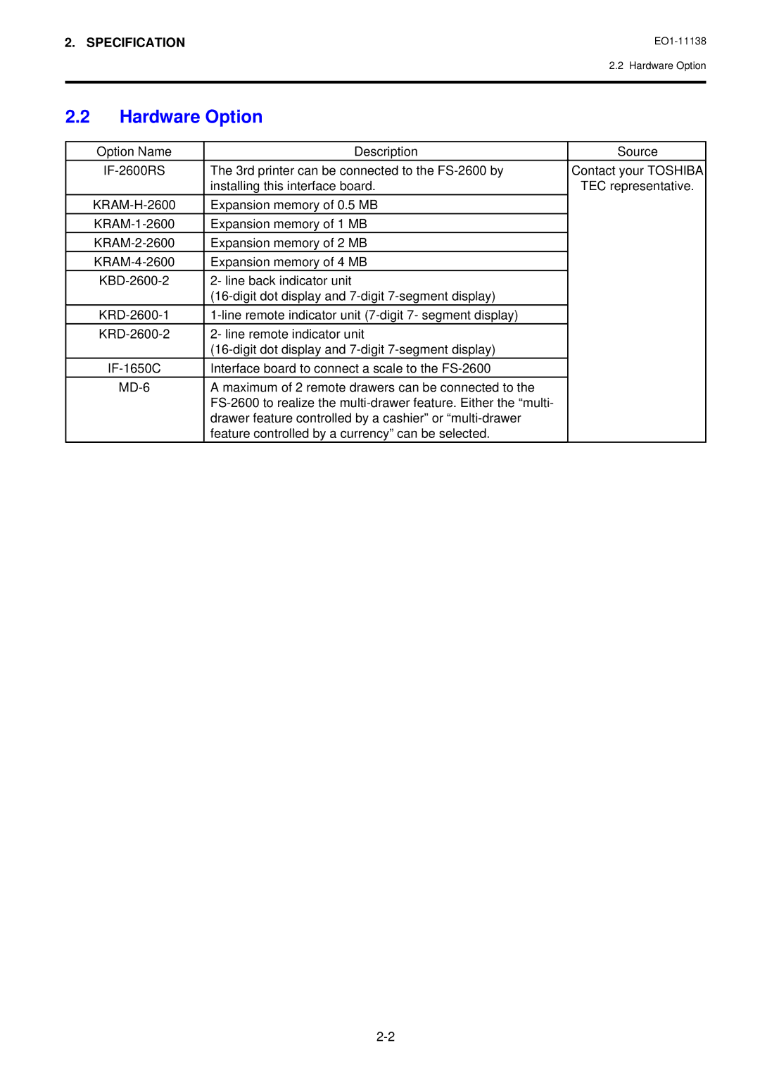 Toshiba FS-2600-1 owner manual Hardware Option 