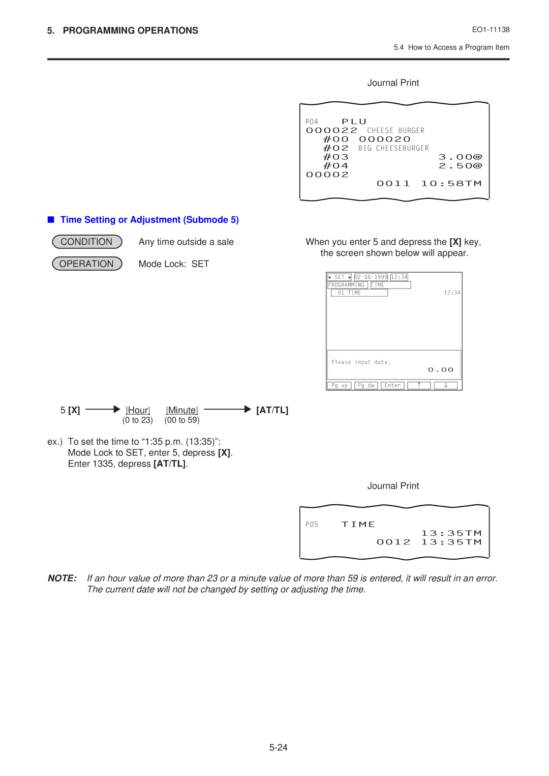 Toshiba FS-2600-1 owner manual Time Setting or Adjustment Submode, Hour Minute, BIG Cheeseburger 