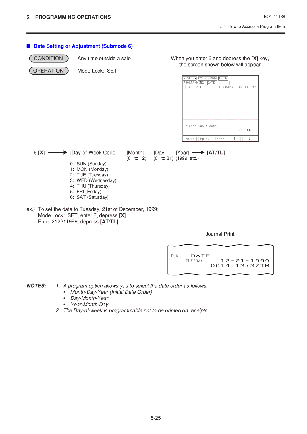 Toshiba FS-2600-1 owner manual Date Setting or Adjustment Submode, Day-of-Week Code Month Year 