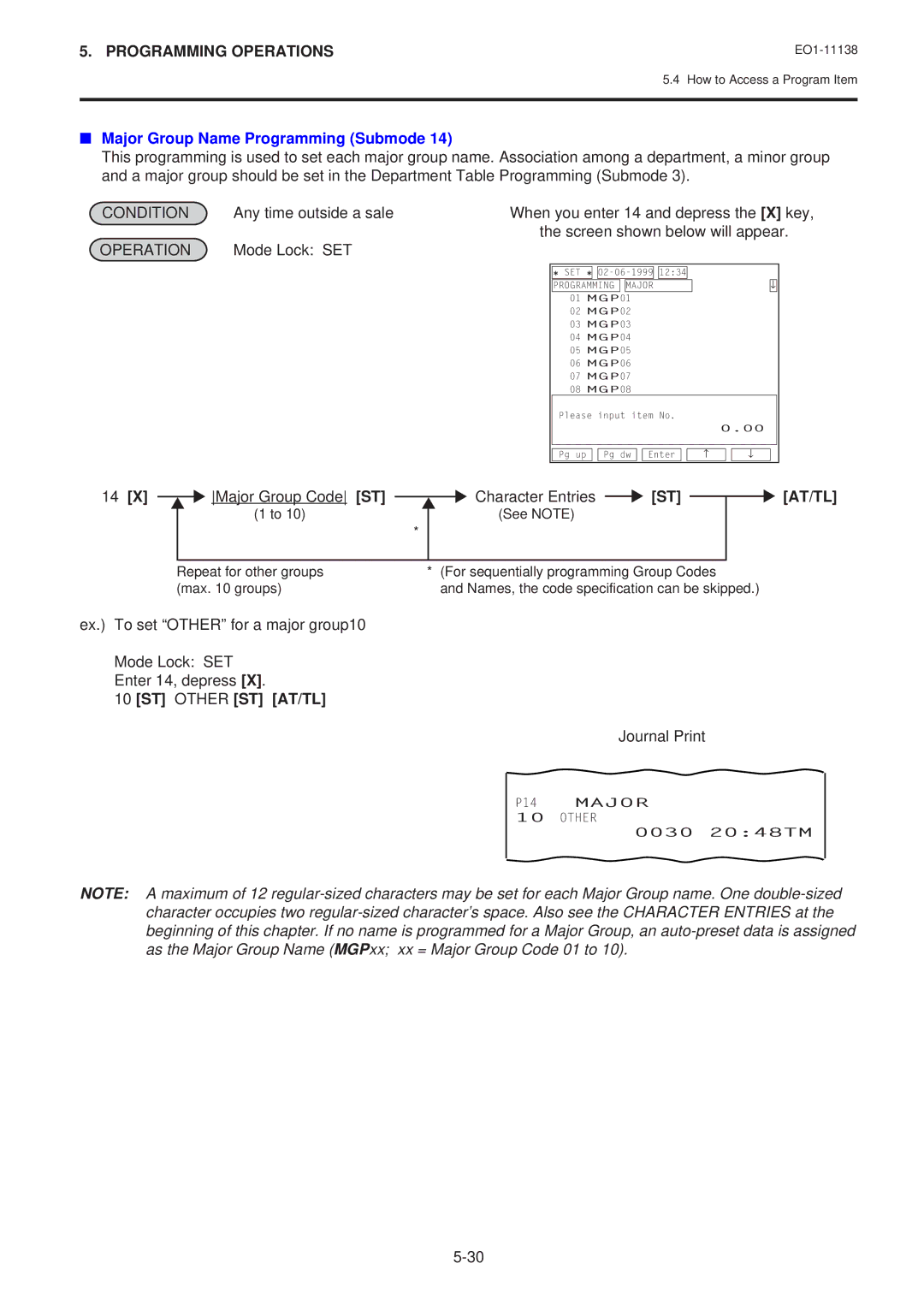 Toshiba FS-2600-1 Major Group Name Programming Submode, Major Group Code ST Character Entries ST, ST Other ST AT/TL 