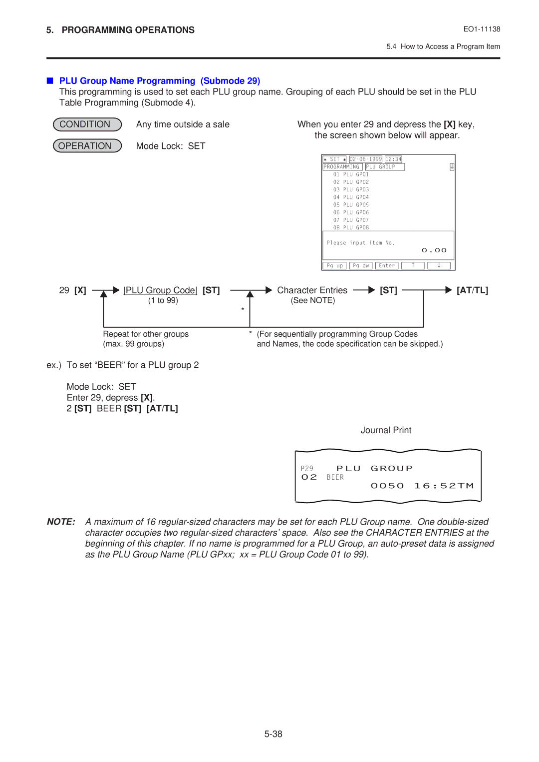 Toshiba FS-2600-1 owner manual PLU Group Name Programming Submode, PLU Group Code ST Character Entries ST, ST Beer ST AT/TL 