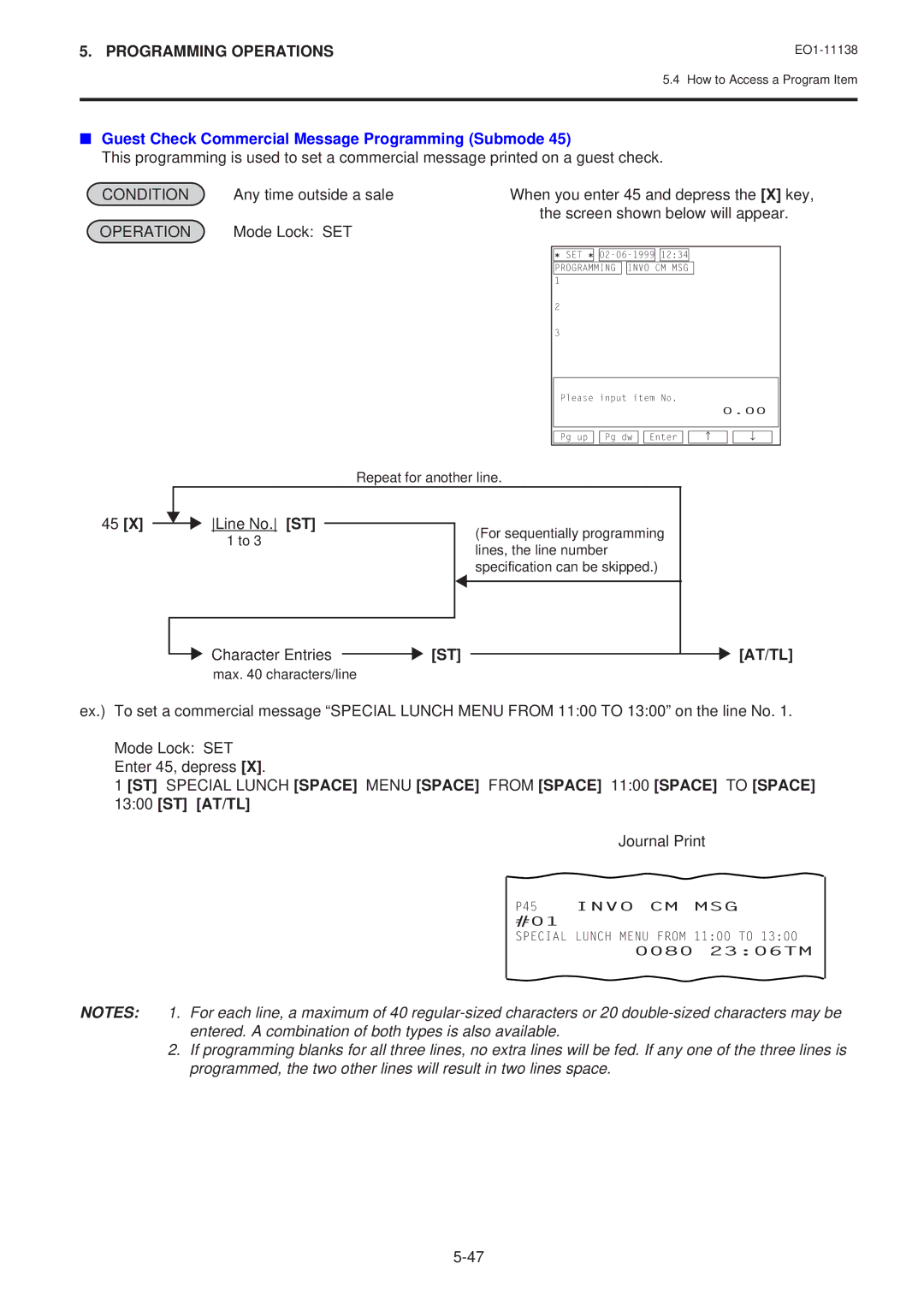 Toshiba FS-2600-1 owner manual Guest Check Commercial Message Programming Submode, Line No. ST, P45 Invo CM MSG #01 