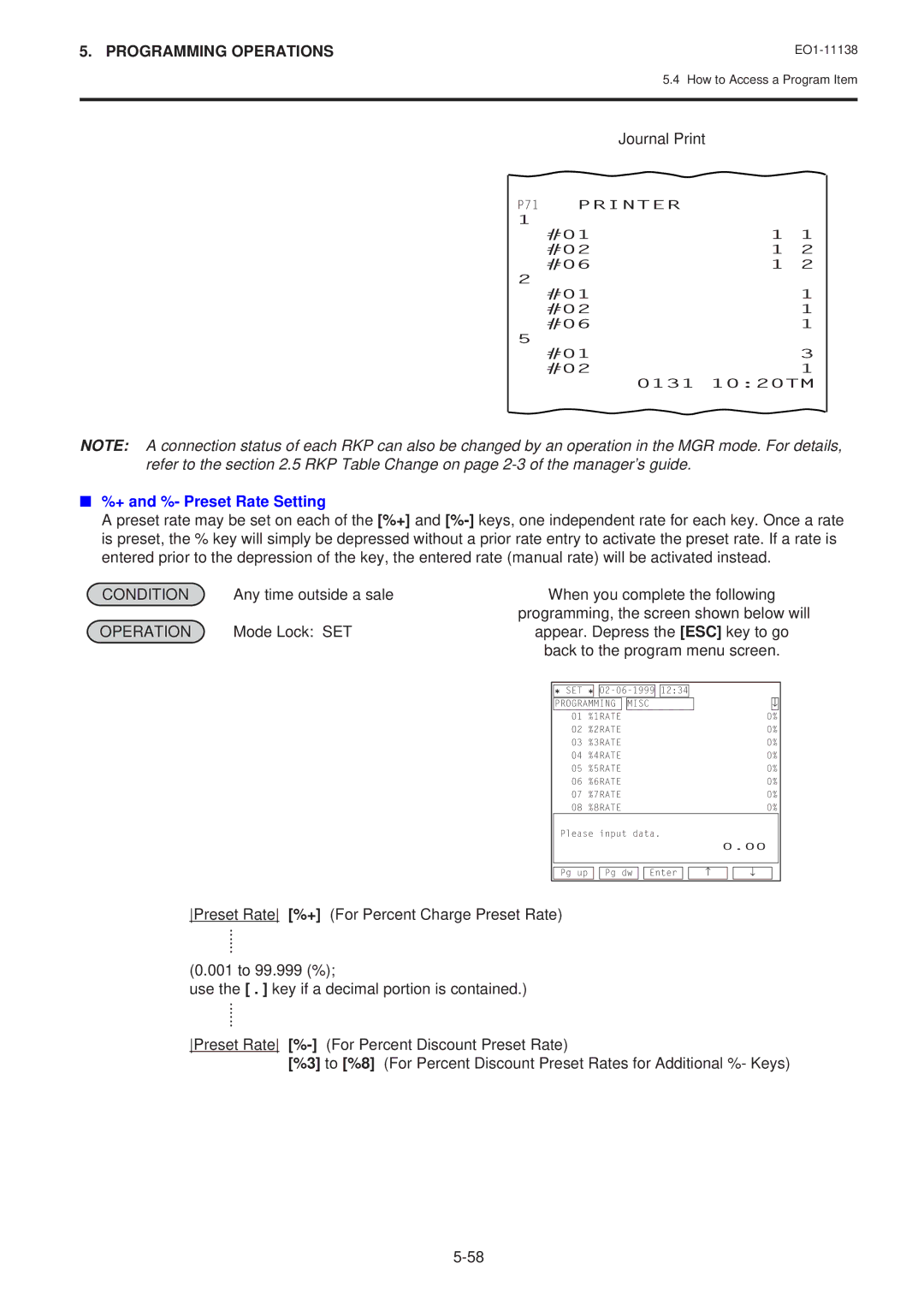 Toshiba FS-2600-1 owner manual + and %- Preset Rate Setting, P71 Printer 