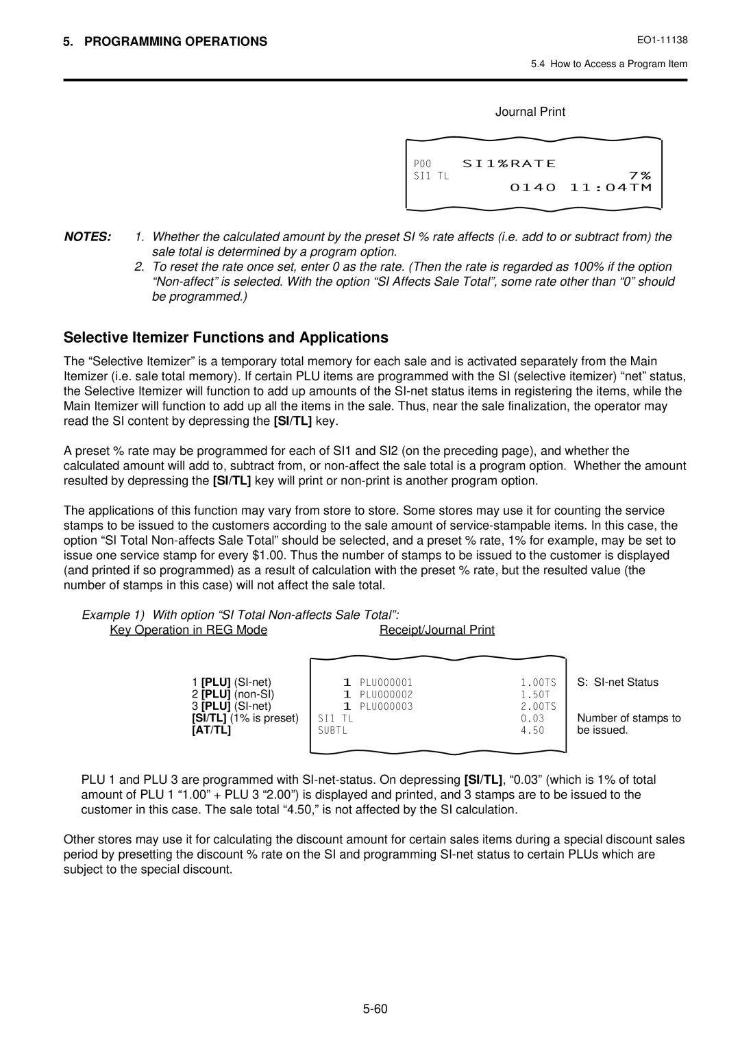 Toshiba FS-2600-1 Selective Itemizer Functions and Applications, Example 1 With option SI Total Non-affects Sale Total 