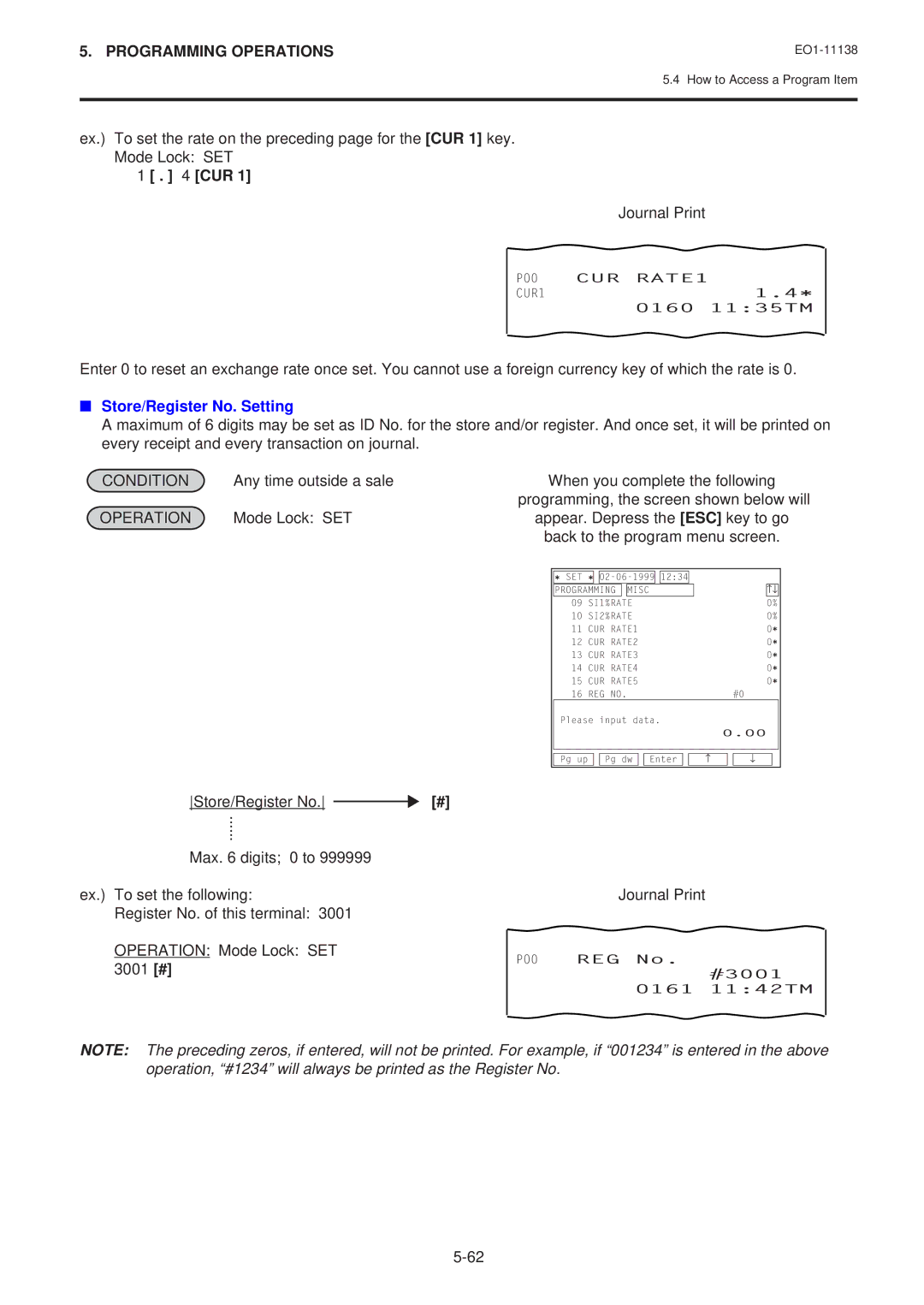 Toshiba FS-2600-1 owner manual CUR Journal Print, Store/Register No. Setting, CUR RATE1, CUR1 