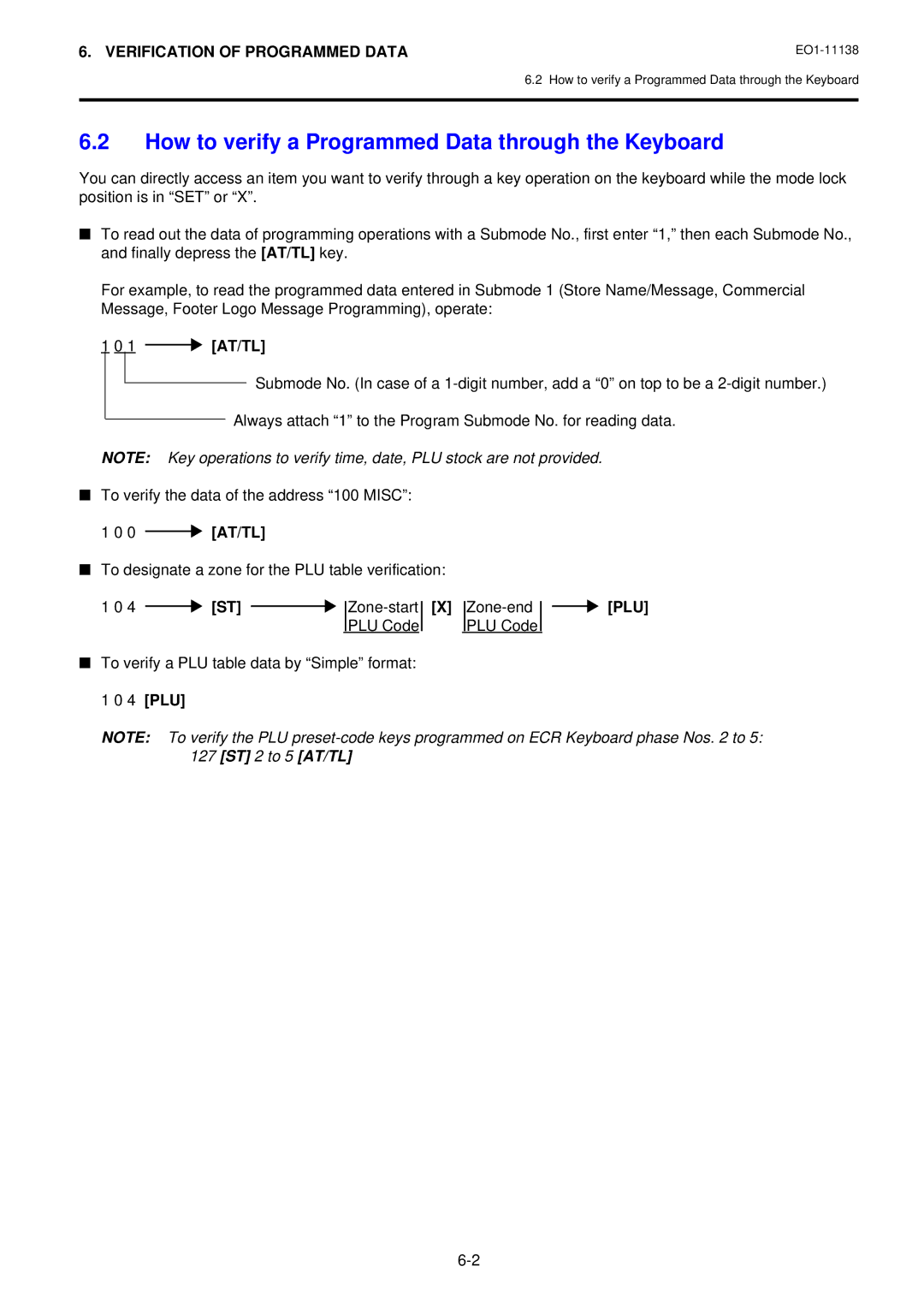 Toshiba FS-2600-1 owner manual How to verify a Programmed Data through the Keyboard, 1 AT/TL, 0 AT/TL, Plu 