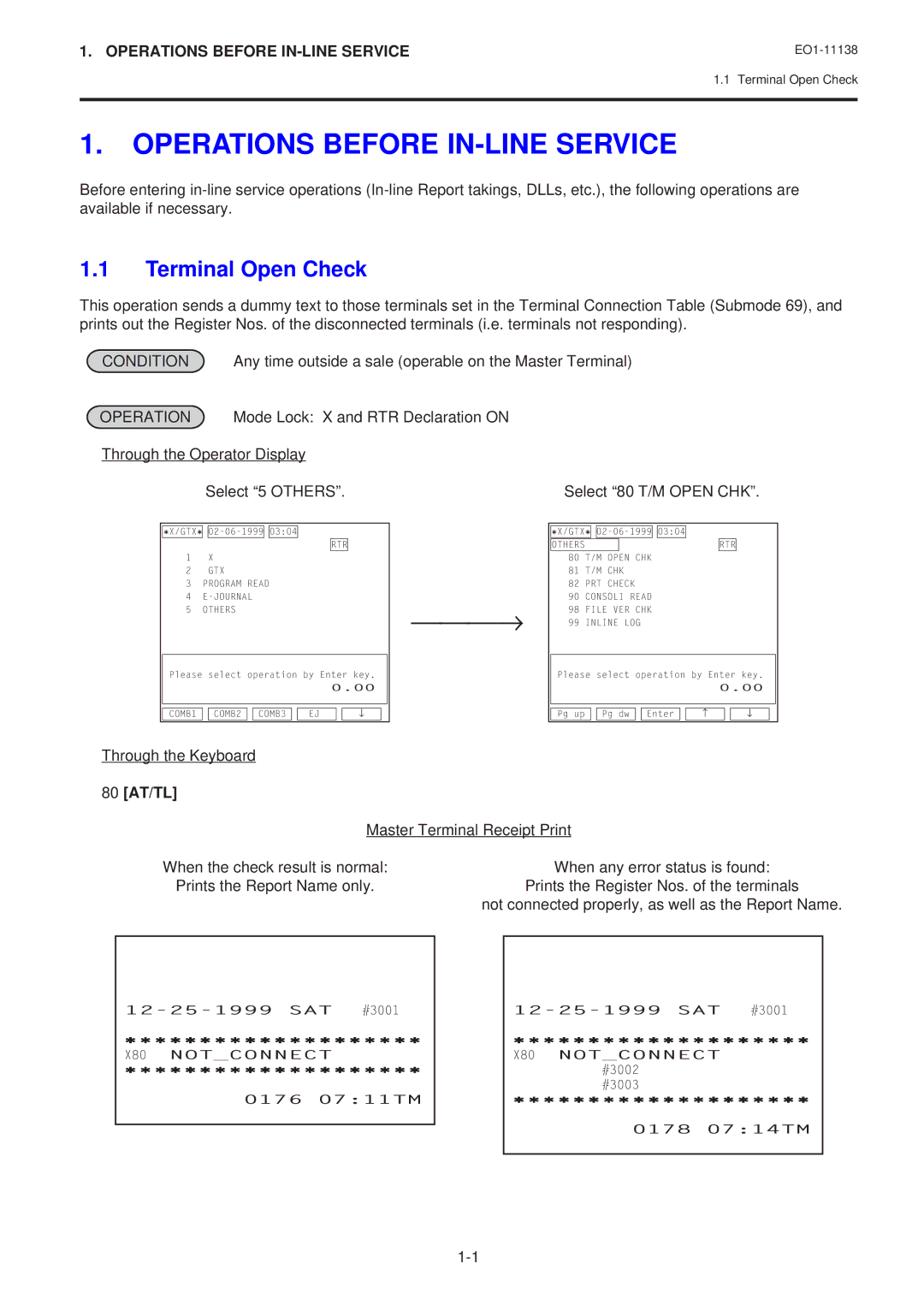 Toshiba FS-2600-1 owner manual Operations Before IN-LINE Service, Terminal Open Check, 80 AT/TL 