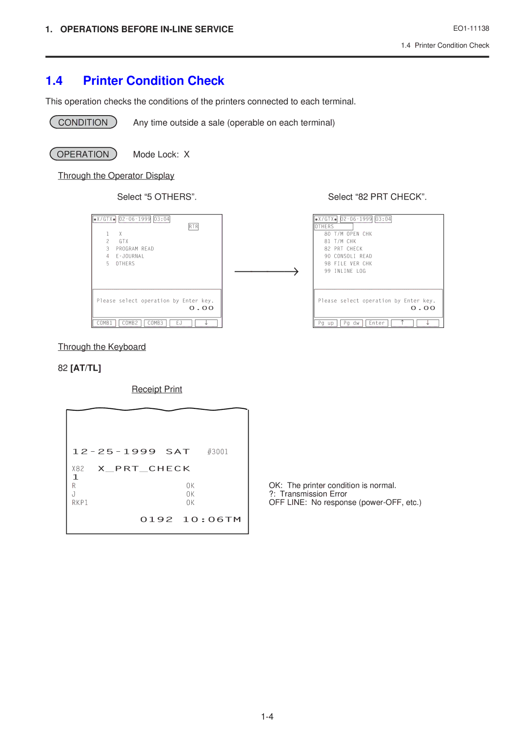 Toshiba FS-2600-1 owner manual Printer Condition Check, 82 AT/TL 