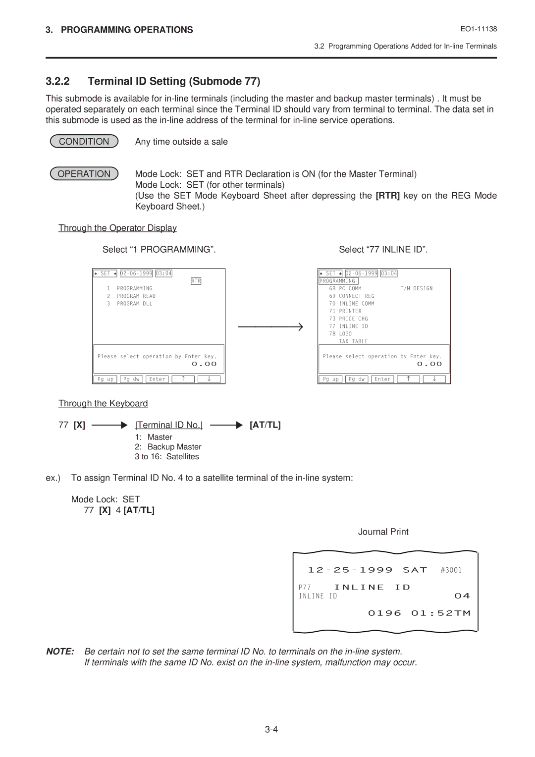 Toshiba FS-2600-1 owner manual Terminal ID Setting Submode, Mode Lock SET for other terminals, Select 77 Inline ID 
