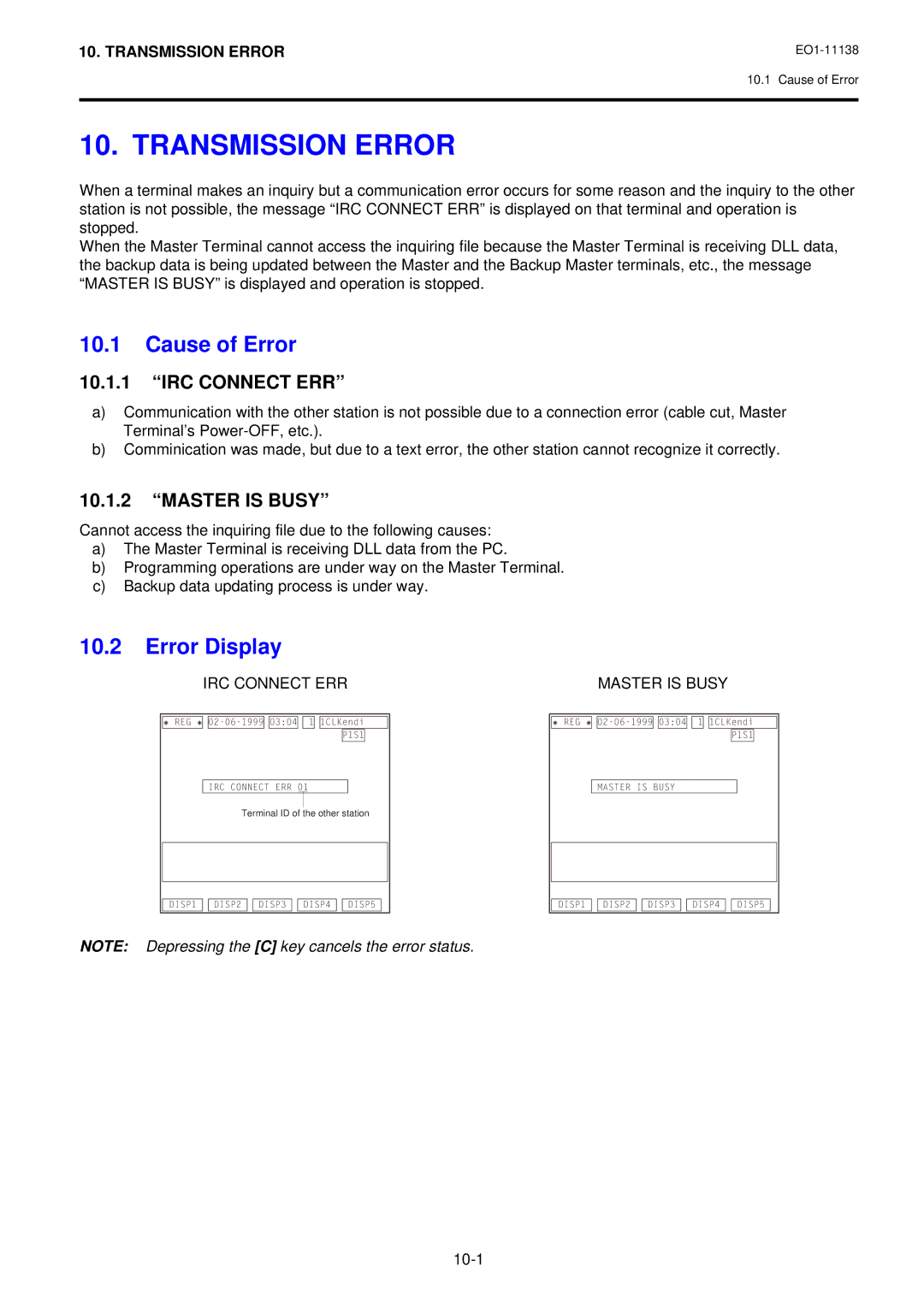 Toshiba FS-2600-1 owner manual Transmission Error, Cause of Error, Error Display 