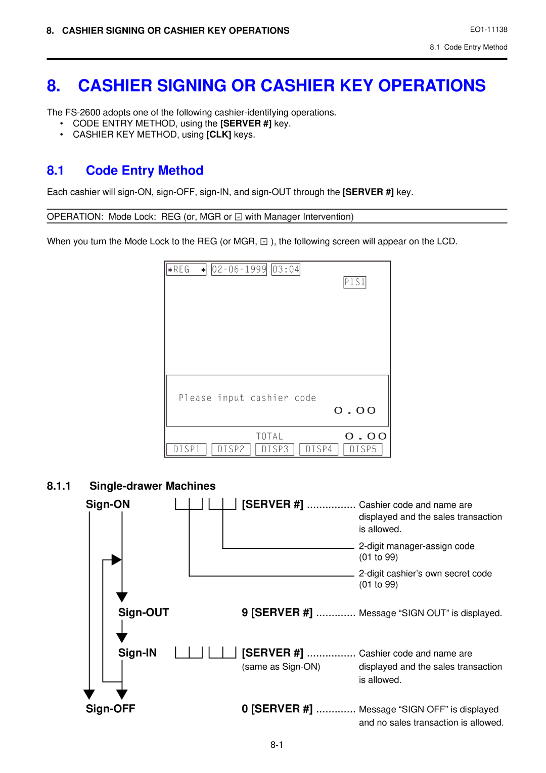 Toshiba FS-2600-1 owner manual Cashier Signing or Cashier KEY Operations, Code Entry Method 