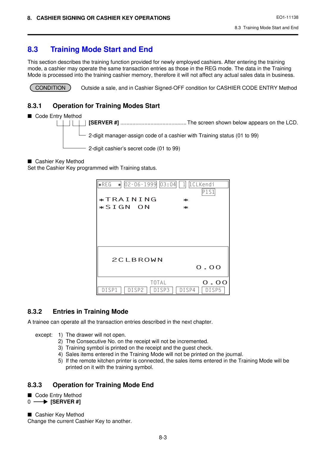 Toshiba FS-2600-1 Training Mode Start and End, Operation for Training Modes Start, Entries in Training Mode, Server # 