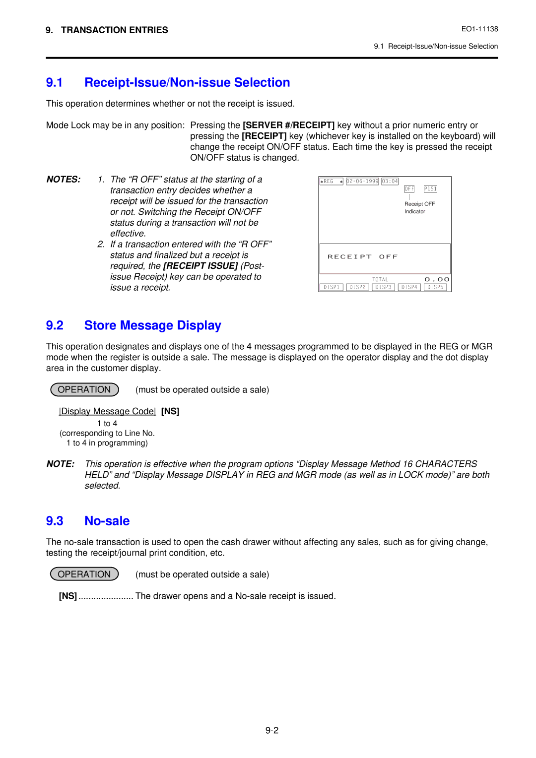 Toshiba FS-2600-1 owner manual Receipt-Issue/Non-issue Selection, Store Message Display, No-sale, Operation 