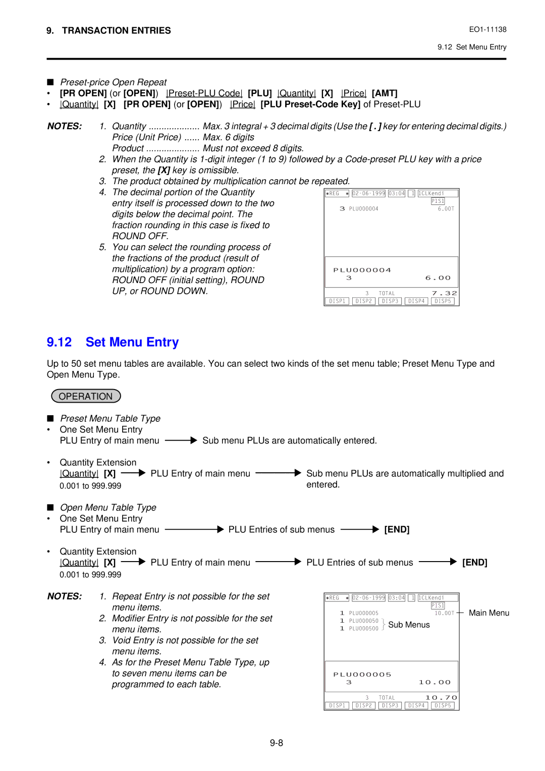 Toshiba FS-2600-1 owner manual Set Menu Entry 