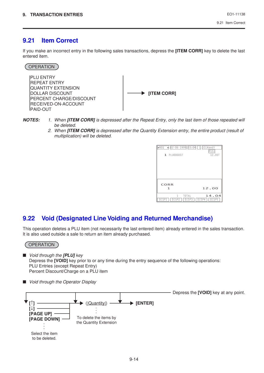 Toshiba FS-2600-1 owner manual Item Correct, Void Designated Line Voiding and Returned Merchandise, Quantity, Down 