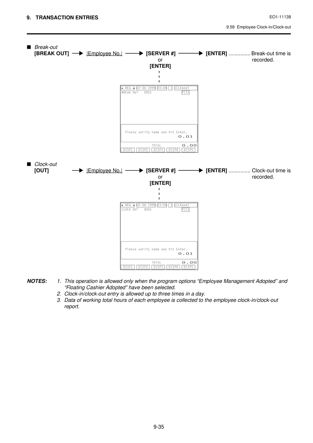 Toshiba FS-2600-1 owner manual Out, Employee No, Server # Enter, Clock-out time is, Recorded 