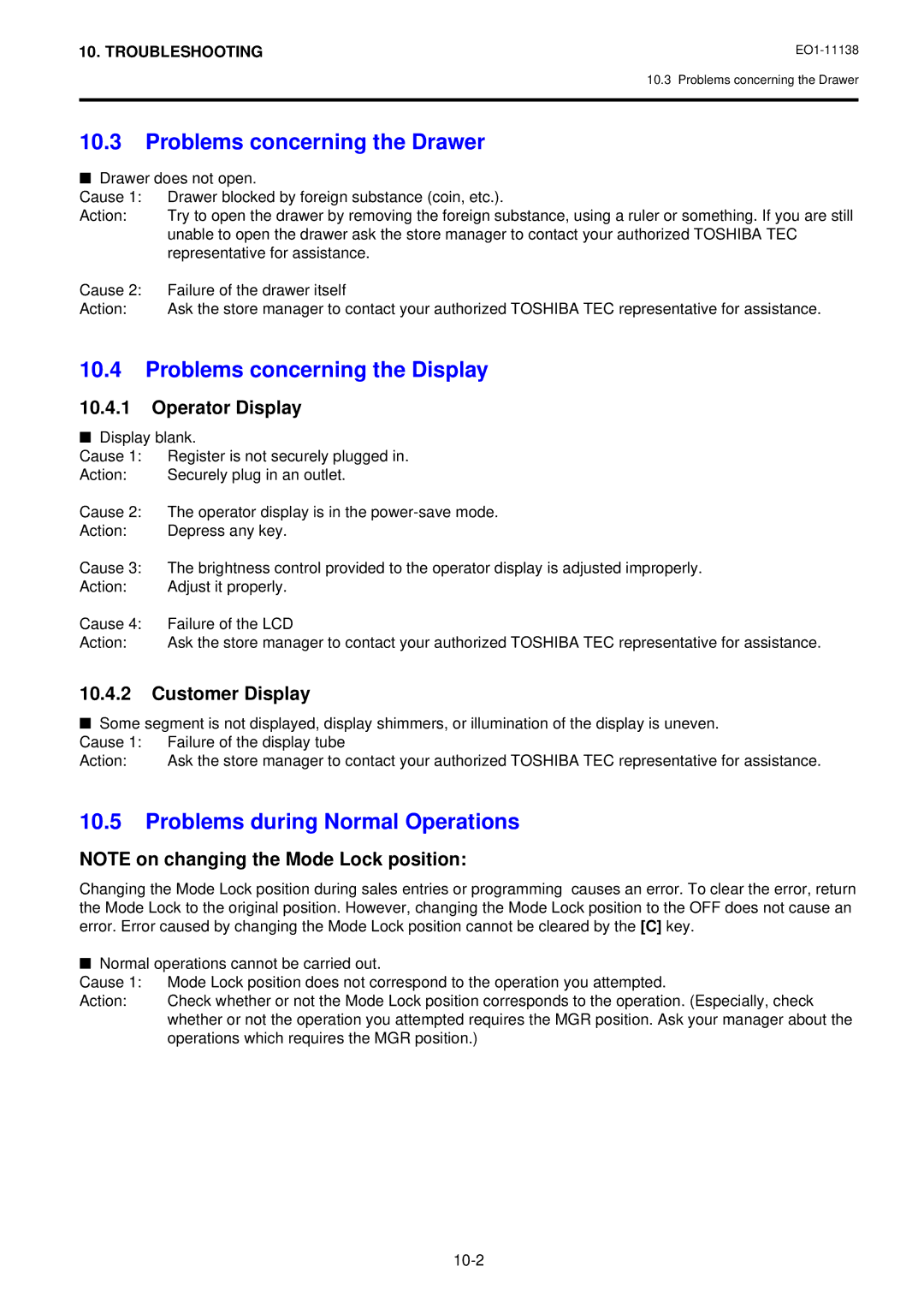 Toshiba FS-2600-1 Problems concerning the Drawer, Problems concerning the Display, Problems during Normal Operations 